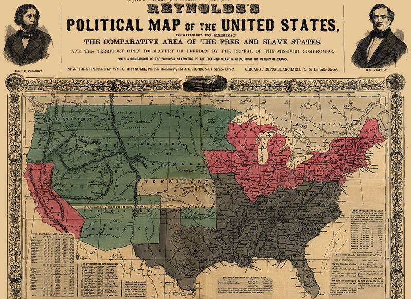 1856 map showing slave states in gray, free states in pink, U.S. territories in green, and Kansas in white. 1856 map showing slave states in gray, free states in pink, U.S. territories in green, and Kansas in white.