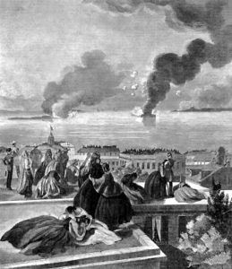 Fort Sumter, South Carolina is bombed by the Confederates while the people of Charleston look on.