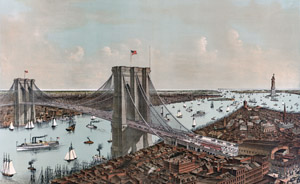 Brooklyn Bridge in New York City, by Currier & Ives, 1892. Brooklyn Bridge in New York City, by Currier & Ives, 1892.