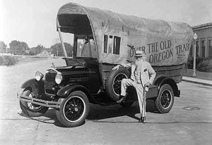 Ezra Meeker and a converted Model A Ford, which he planned to use for his 1928 trip before his death. Ezra Meeker and a converted Model A Ford which we planned to use for his 1928 trip before his death.