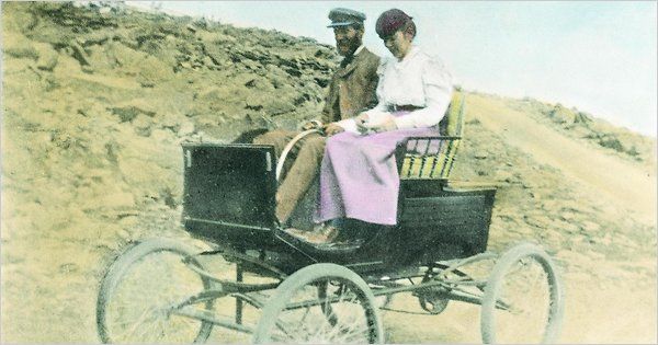 F.O. Stanley and wife Flora driving to the top of Mount Washington, New Hampshire on August 31, 1899. F.O. Stanley and wife Flora driving to the top of Mount Washington, New Hampshire on August 31, 1899.