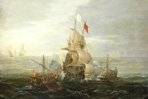 French ship under attack by pirates. French ship under attack by pirates.