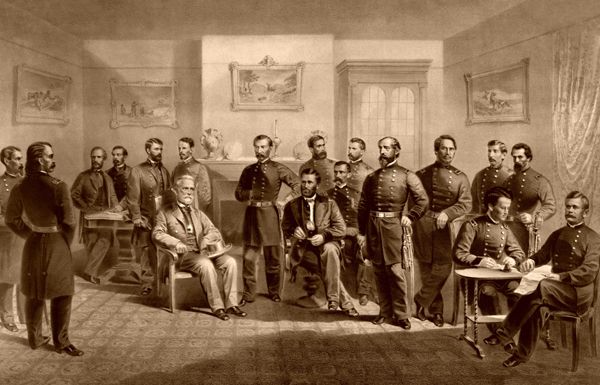 Confederate General Robert E. Lee surrenders to Union General Ulysses S. Grant, by Major and Knapp