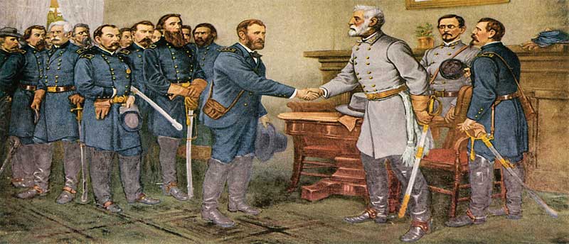 Lee's surrender at Appomattox, Virginia, 1865 by Thomas Nast. Lee's surrender at Appomattox, Virginia, 1865 by Thomas Nast
