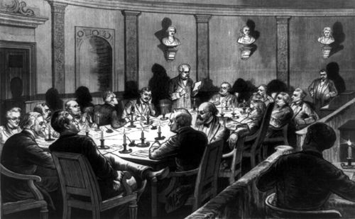 Politicians in secret session,Frank Leslie's illustrated 1877. Politicians in secret session,Frank Leslie's illustrated 1877.