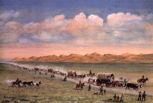 Oregon Trail pioneers pass through the sandhills, painting by William Henry Jackson Oregon Trail pioneers pass through the sand hills, painting by William Henry Jackson