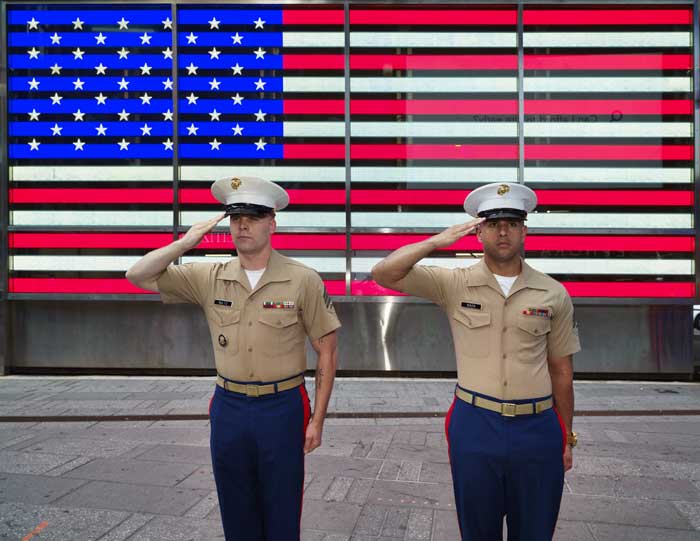 U.S. Marine sergeants salute the flag in Times Square, New York by Carol Highsmith. U.S. Marine sergeants salute the flag in Times Square, New York by Carol Highsmith.