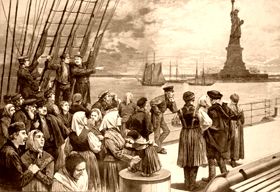 Welcome to the land of freedom. An ocean steamer passing the Statue of Liberty, by Frank Leslie's illustrated newspaper, 1887 Welcome to the land of freedom. An ocean steamer passing the Statue of Liberty, by Frank Leslie's illustrated newspaper, 1887